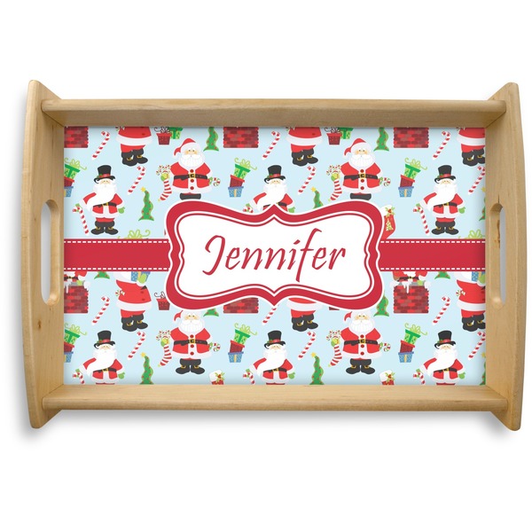Custom Santa and Presents Natural Wooden Tray - Small w/ Name or Text
