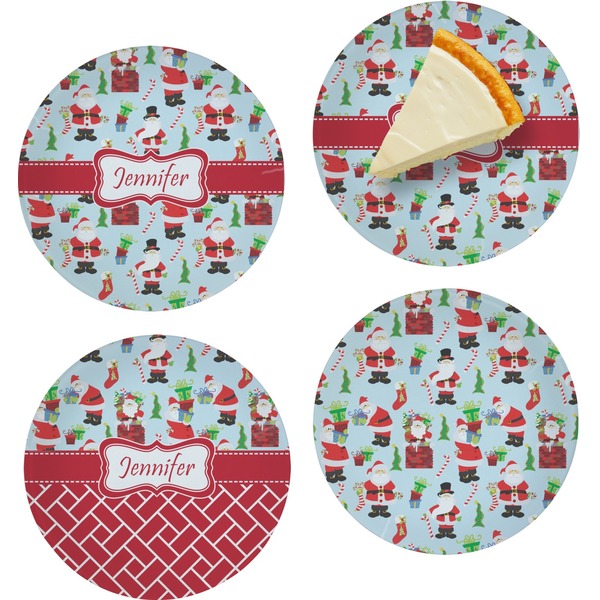Custom Santa and Presents Set of 4 Glass Appetizer / Dessert Plate 8" (Personalized)