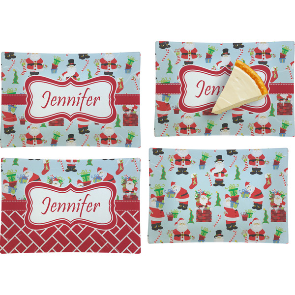 Custom Santa and Presents Set of 4 Glass Rectangular Appetizer / Dessert Plate w/ Name or Text