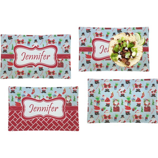 Custom Santa and Presents Set of 4 Glass Rectangular Lunch / Dinner Plate w/ Name or Text