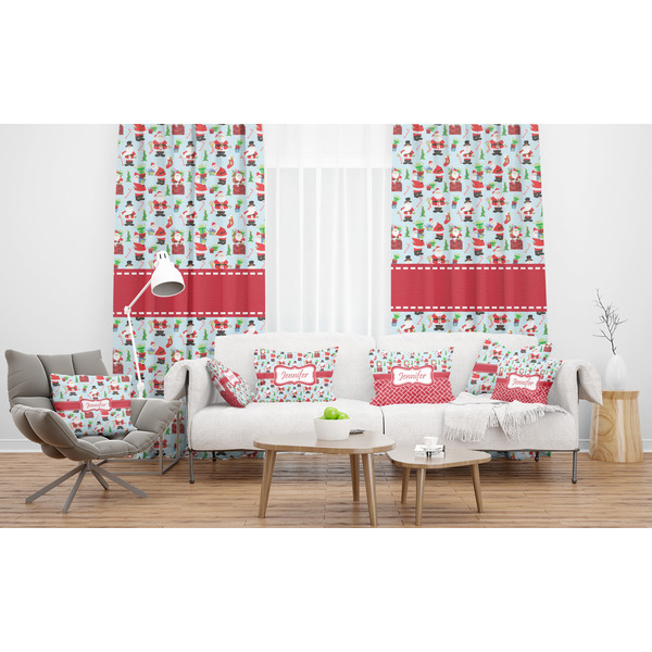 Santas w/ Presents Sheer and Custom Curtains in Room with Matching Pillows