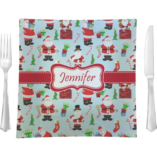 Custom Santa and Presents 9.5" Glass Square Lunch / Dinner Plate- Single or Set of 4 (Personalized)