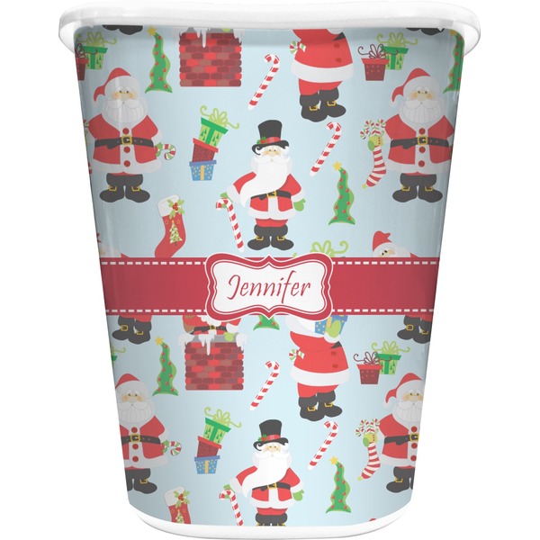 Custom Santa and Presents Waste Basket - Double Sided (White) w/ Name or Text
