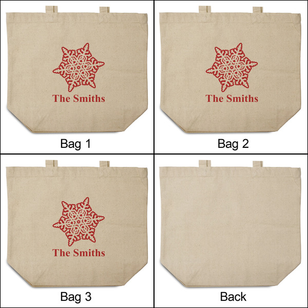 Snowflakes 3 Reusable Cotton Grocery Bags - Front & Back View