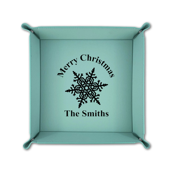 Snowflakes 6" x 6" Teal Leatherette Snap Up Tray - FOLDED UP