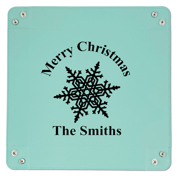 Snowflakes 9" x 9" Teal Leatherette Snap Up Tray - APPROVAL