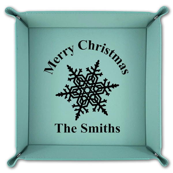 Snowflakes 9" x 9" Teal Leatherette Snap Up Tray - FOLDED