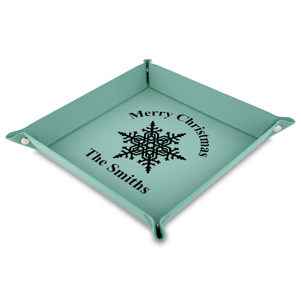 Custom Snowflakes Faux Leather Dice Tray - 9" x 9"  - Teal (Personalized)