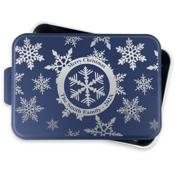 Snowflakes Aluminum Baking Pan - Navy Lid - FRONT w/lid off