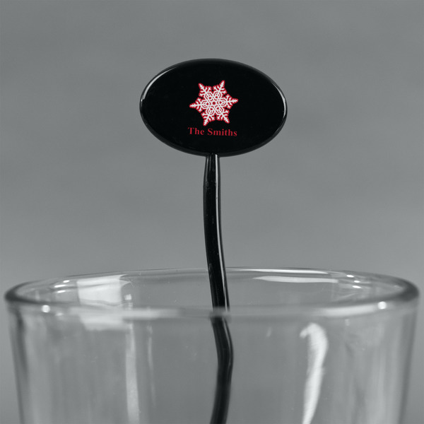 Snowflakes Black Plastic 7" Stir Stick - Oval - Main