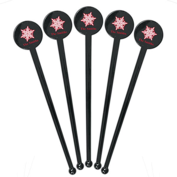 Snowflakes Black Plastic 7" Stir Stick - Round - Fan View