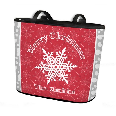 Snowflakes Bucket Tote w/ Genuine Leather Trim - Regular w/ Front & Back Design (Personalized)