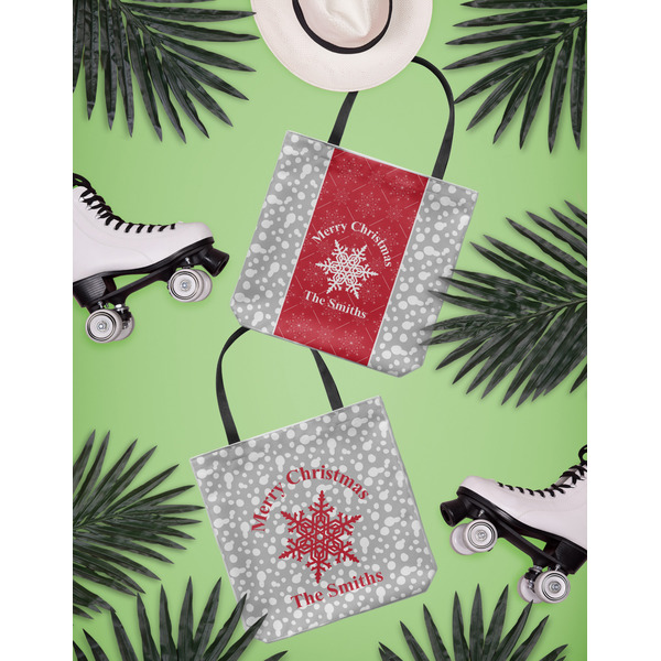 Snowflakes Canvas Tote Lifestyle Front and Back- 13x13