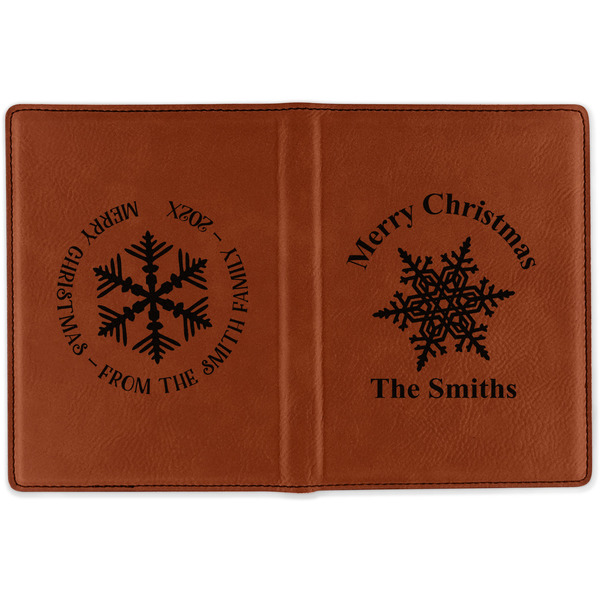 Snowflakes Cognac Leather Passport Holder Outside Double Sided - Apvl