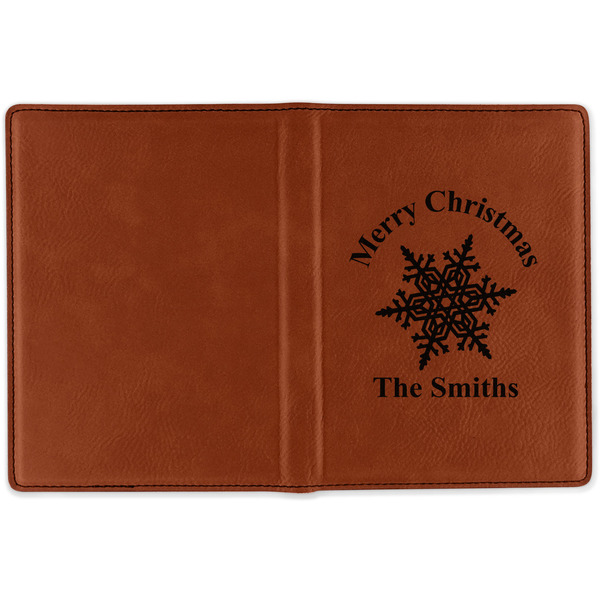 Snowflakes Cognac Leather Passport Holder Outside Single Sided - Apvl