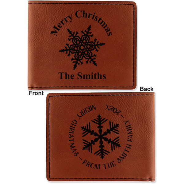 Snowflakes Cognac Leatherette Bifold Wallets - Front and Back