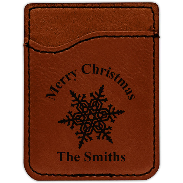Snowflakes Cognac Leatherette Phone Wallet close up