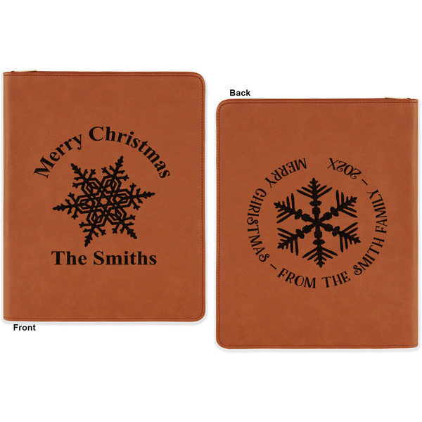 Snowflakes Cognac Leatherette Zipper Portfolios with Notepad - Double Sided - Apvl