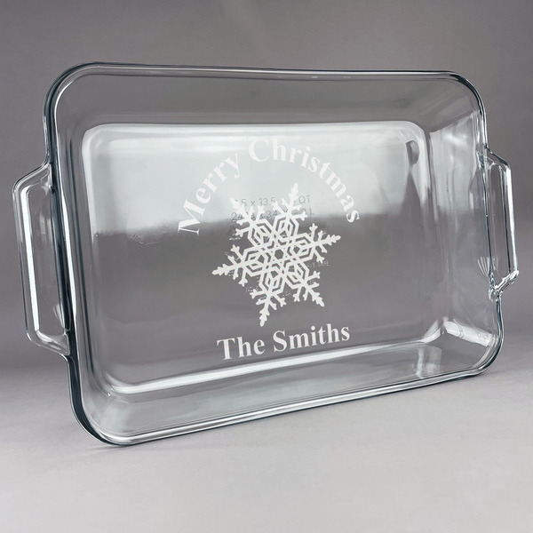Custom Snowflakes Glass Baking Dish with Truefit Lid - 13in x 9in (Personalized)