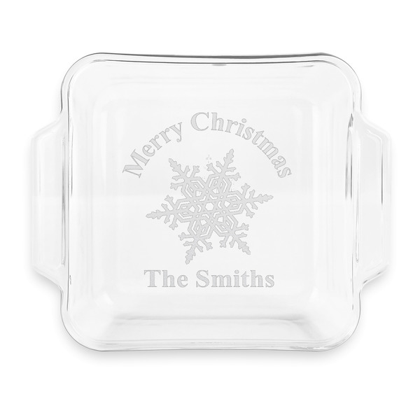 Custom Snowflakes Glass Cake Dish with Truefit Lid - 8in x 8in (Personalized)