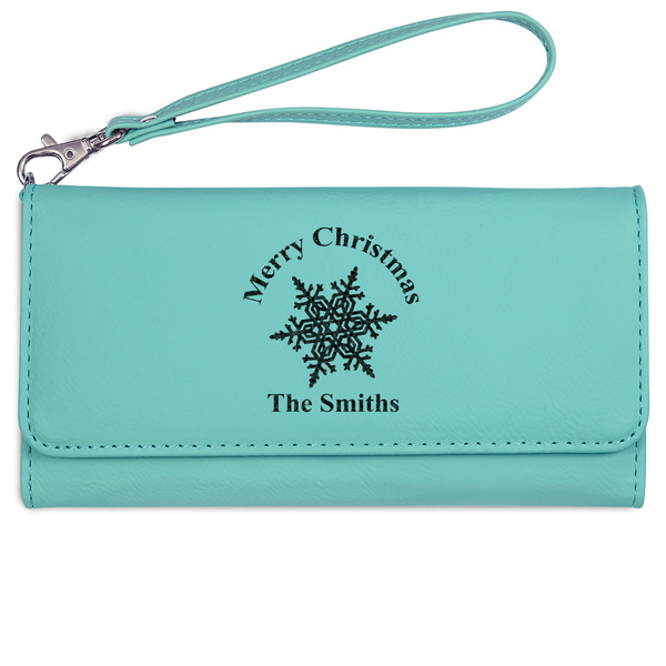 Snowflakes Ladies Wallet - Leather - Teal - Front View