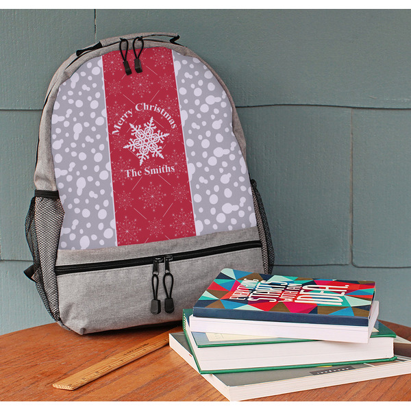 Snowflakes Large Backpack - Gray - On Desk