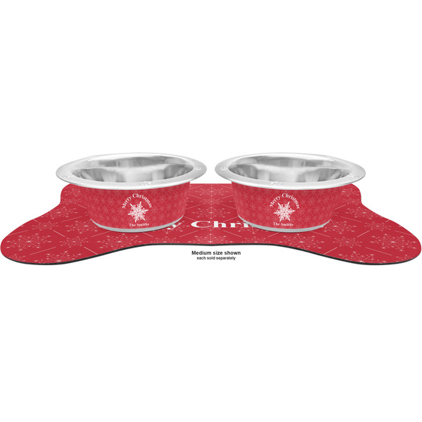 Snowflakes Metal Pet Bowls - On Dog Bone Shaped Mat