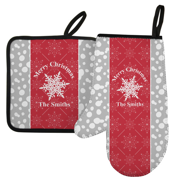 Custom Snowflakes Left Oven Mitt & Pot Holder Set w/ Name or Text
