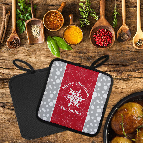 Snowflakes Neoprene Pot Holder - Set of 2  LIFESTYLE (Flatlay)