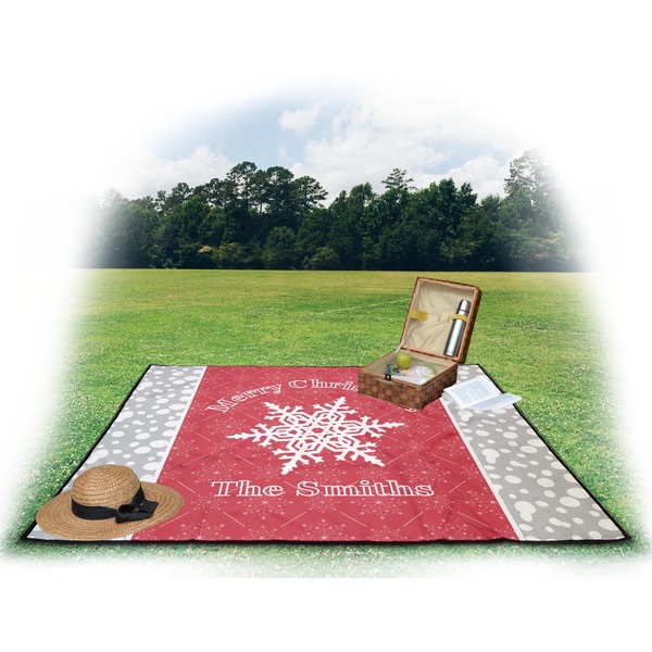 Snowflakes Picnic Blanket - with Basket Hat and Book - in Use