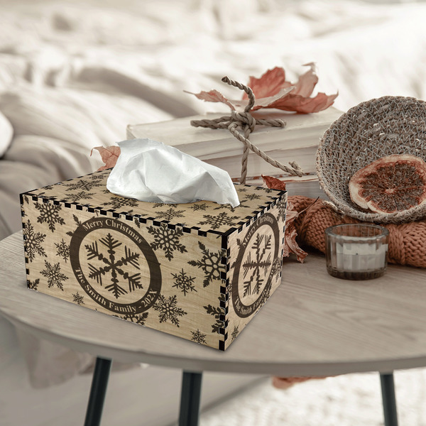 Snowflakes Rectangle Tissue Box Covers - Wood - In Context