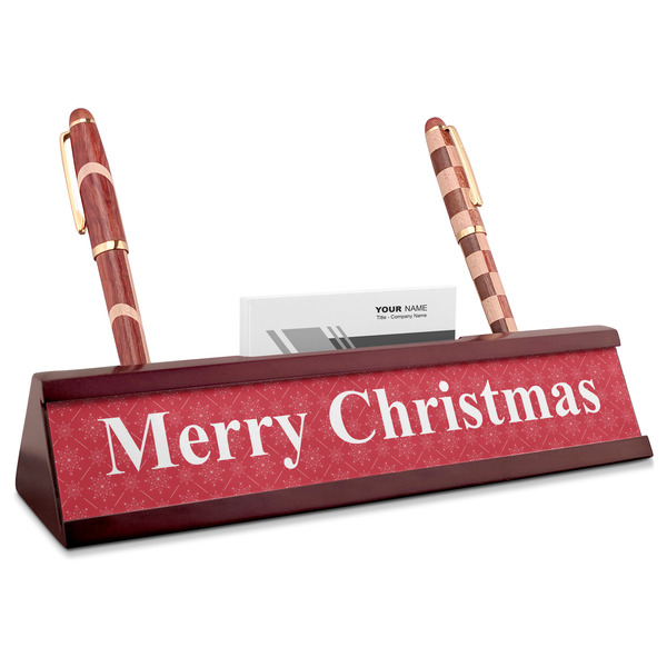 Custom Snowflakes Red Mahogany Nameplate with Business Card Holder (Personalized)