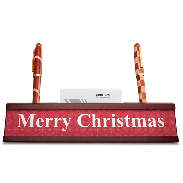 Snowflakes Red Mahogany Nameplates with Business Card Holder - Straight