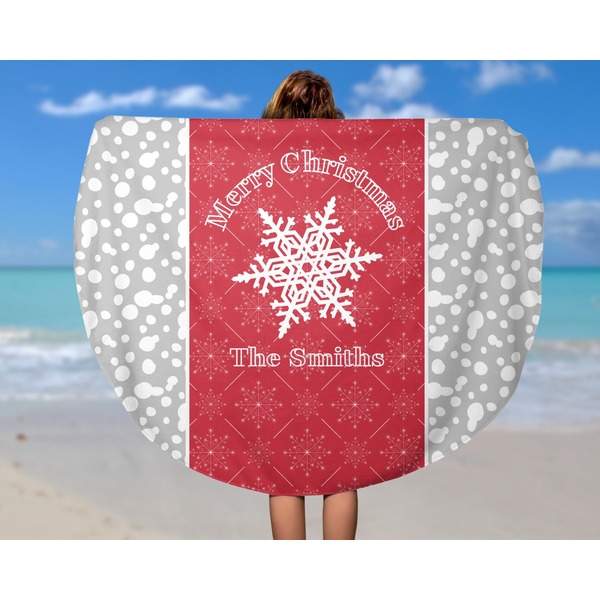 Snowflakes Round Beach Towel - In Use