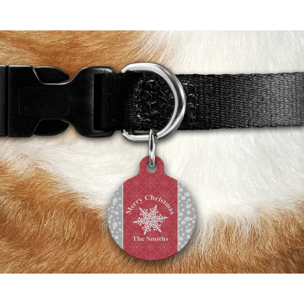 Snowflakes Round Pet Tag on Collar & Dog