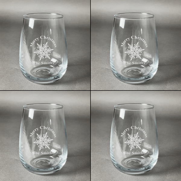 Snowflakes Set of Four Personalized Stemless Wineglasses (Approval)