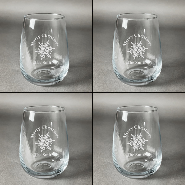 Snowflakes Set of Four Personalized Stemless Wineglasses (Approval)