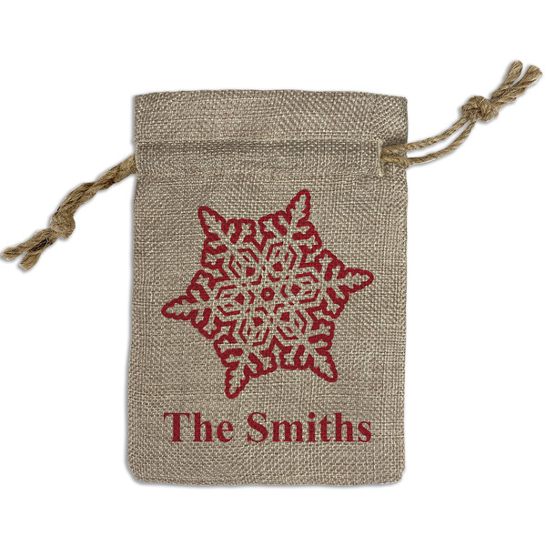 Custom Snowflakes Small Burlap Gift Bag - Front (Personalized)