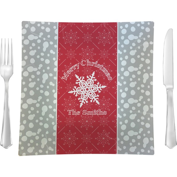 Custom Snowflakes 9.5" Glass Square Lunch / Dinner Plate- Single or Set of 4 (Personalized)