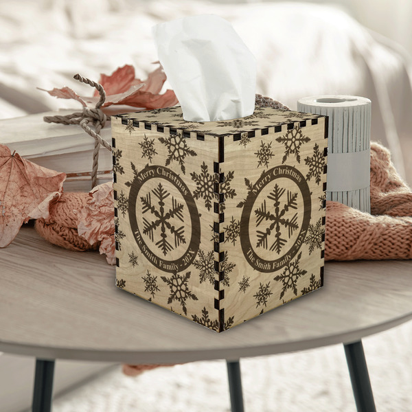 Snowflakes Square Tissue Box Covers - Wood - In Context