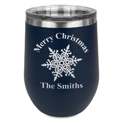 Snowflakes Stemless Stainless Steel Wine Tumbler - Navy - Double Sided (Personalized)