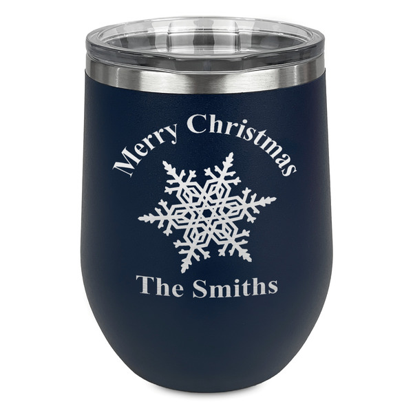 Custom Snowflakes Stemless Stainless Steel Wine Tumbler - Navy - Single Sided (Personalized)