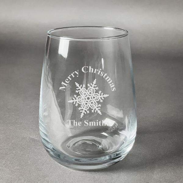 Custom Snowflakes Stemless Wine Glass (Single) (Personalized)