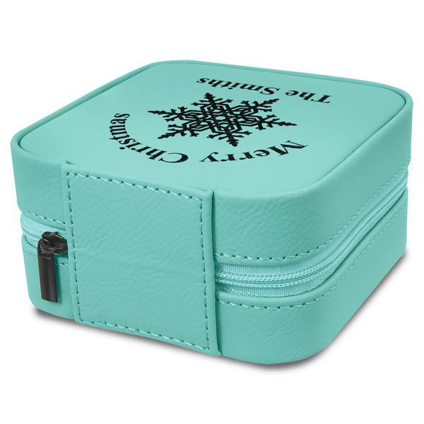 Snowflakes Travel Jewelry Boxes - Leather - Teal - View from Rear