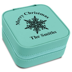 Snowflakes Travel Jewelry Box - Teal Leather (Personalized)