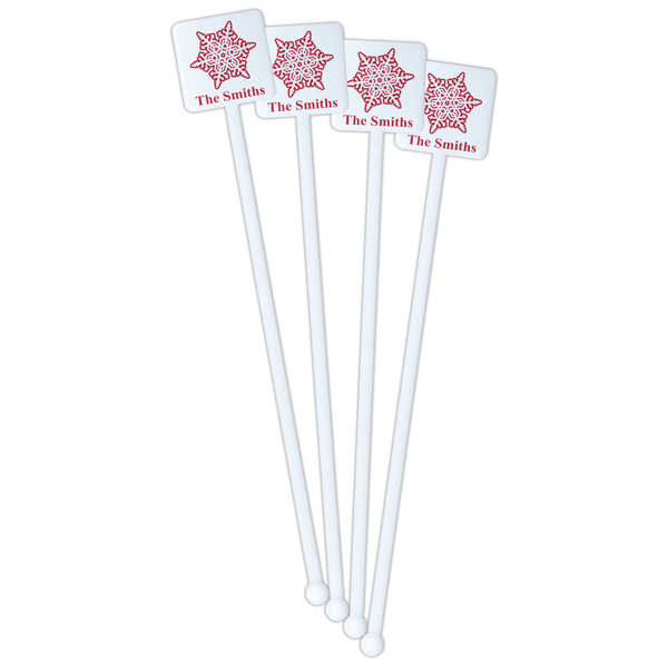 Snowflakes White Plastic Stir Stick - Double Sided - Square - Front