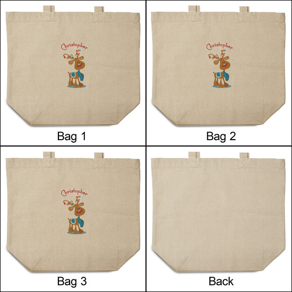 Reindeer 3 Reusable Cotton Grocery Bags - Front & Back View