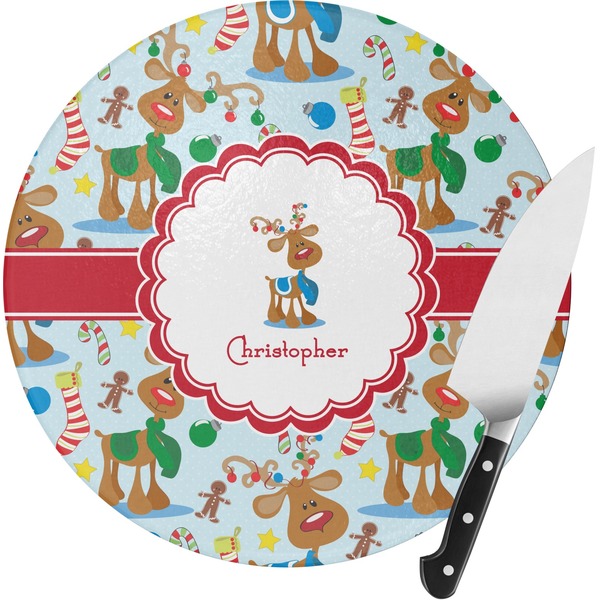 Custom Reindeer Round Glass Cutting Board - Small (Personalized)