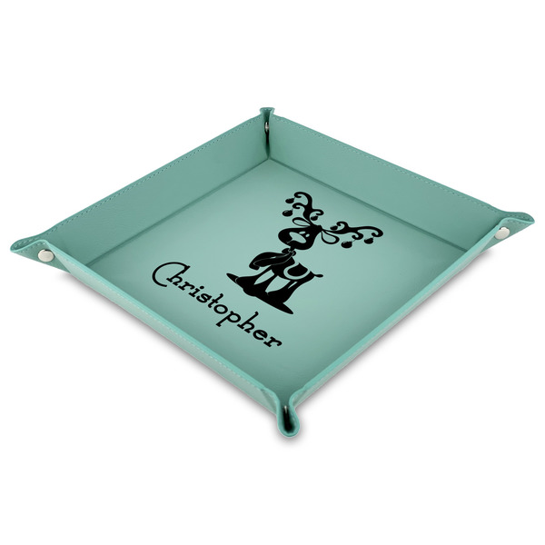 Custom Reindeer 9" x 9" Teal Faux Leather Valet Tray (Personalized)