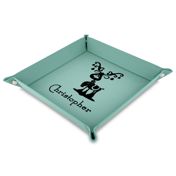 Custom Reindeer Faux Leather Dice Tray - 9" x 9"  - Teal (Personalized)